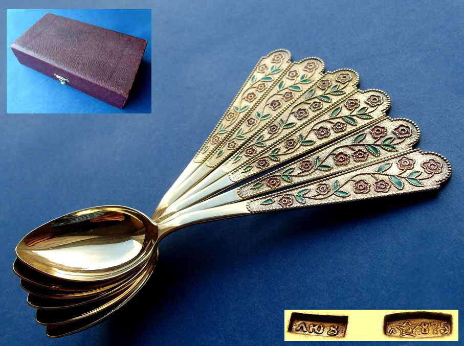 Set, 6 Beautiful Teaspoons/ Spoons, Russia, Enamel, 875 Silver E541