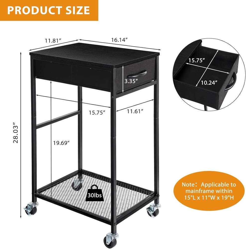YBING PC Stand 2 Tier Computer Tower with Drawer Mobile Black