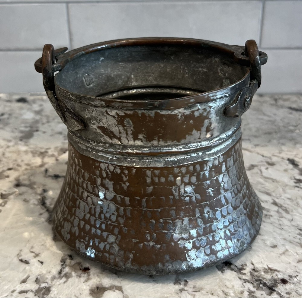 Vintage Copper (& Iron?) Pot Cauldron with Swinging Handle Hammered