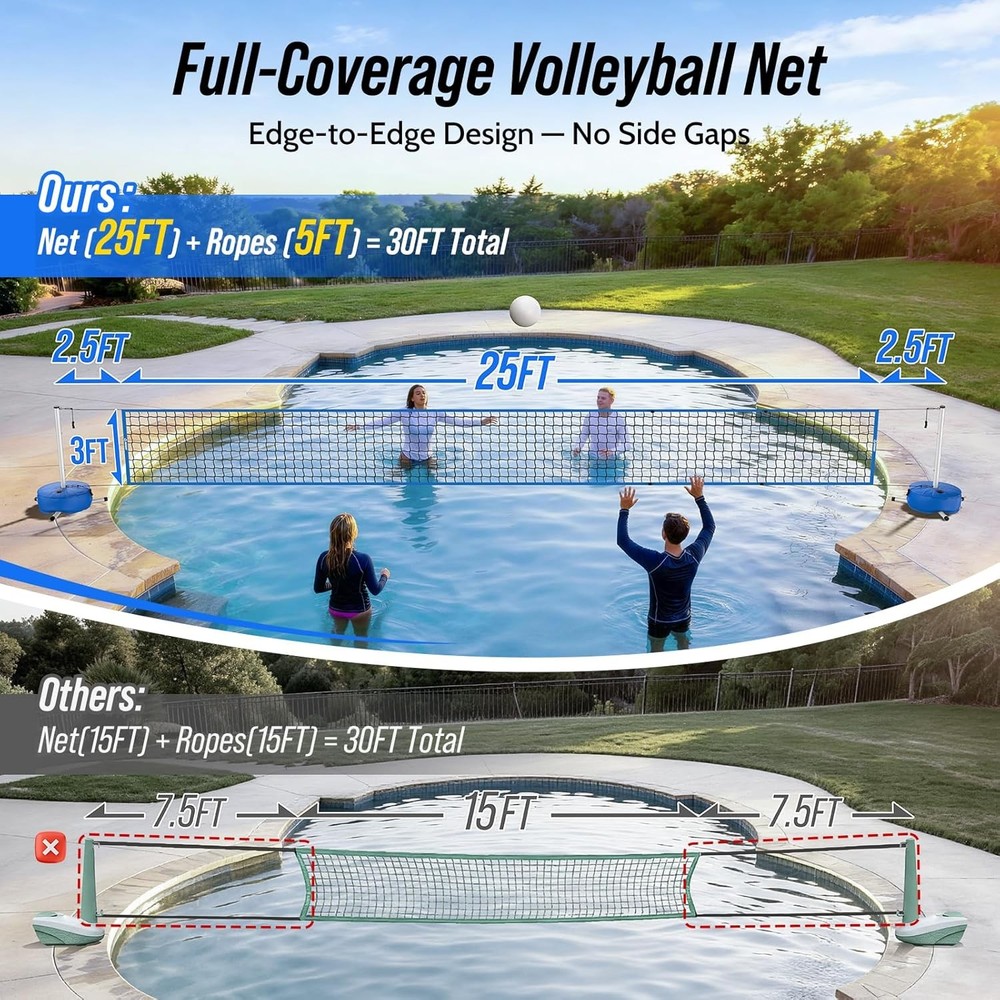 Pool Volleyball Net Set with Base Adjustable 15ft-32ft Length for Inground Pools