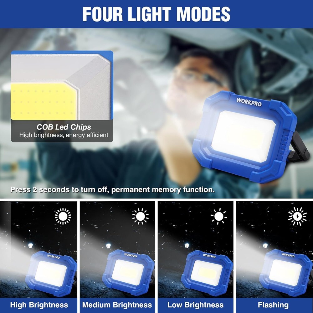 WORKPRO LED Work Light Rechargeable Magnetic with Stand 2 Pack 4Modes 2000LM COB