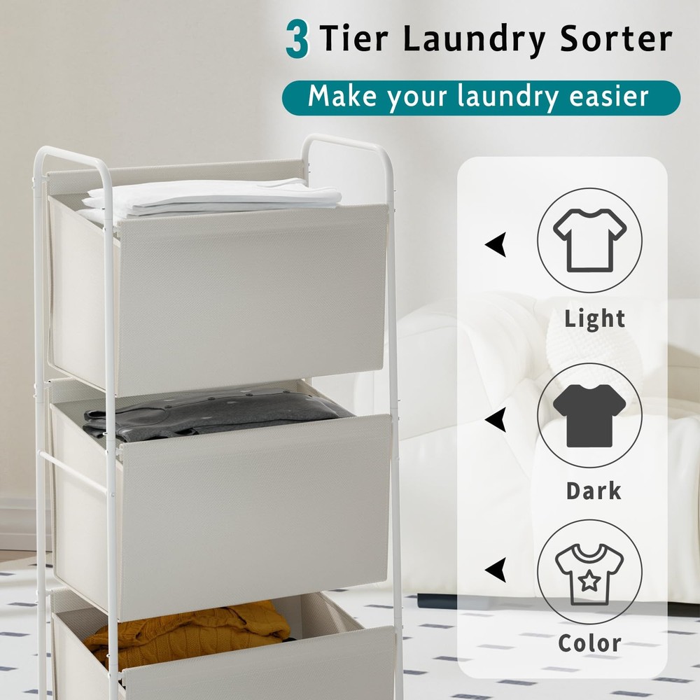 125L Vertical Laundry Hamper with Wheels, 3 Section Large Rolling Laundry Sor...