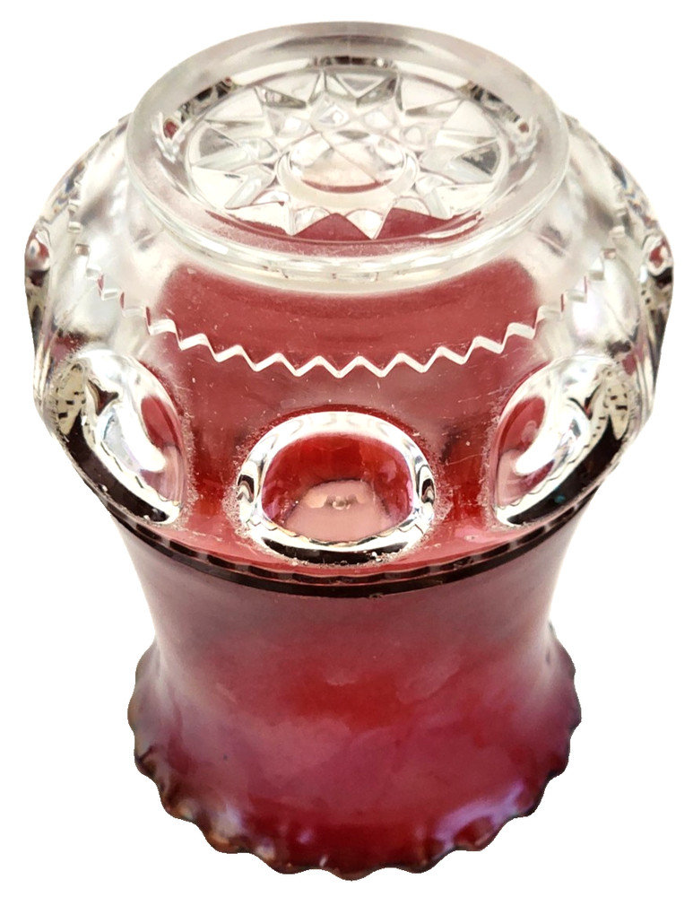 Vintage Ruby Flashed Glass Vase Clear Pressed Base Starburst 6”