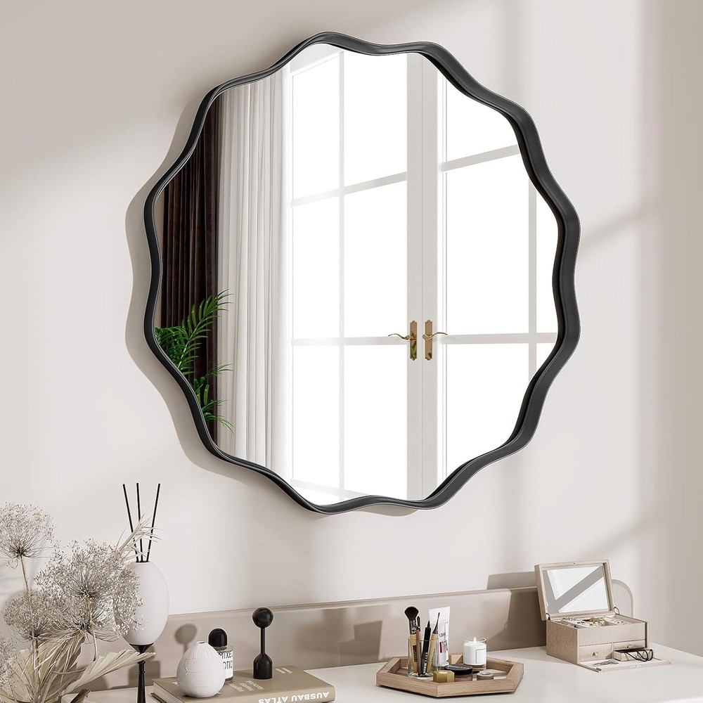 Round Wavy Mirror, 20 Inch Metal Frame Circle Mirror, Round Wall Mounted