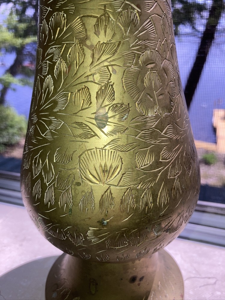 vintage large heavy solid Engraved ￼brass vase 14”