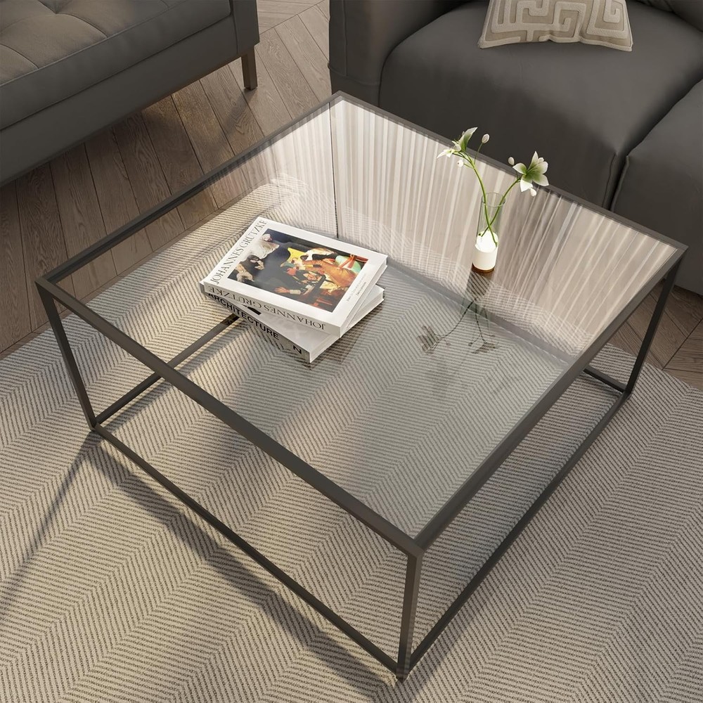 Glass Coffee Table Modern Center Table,Minimalist Sofa Black