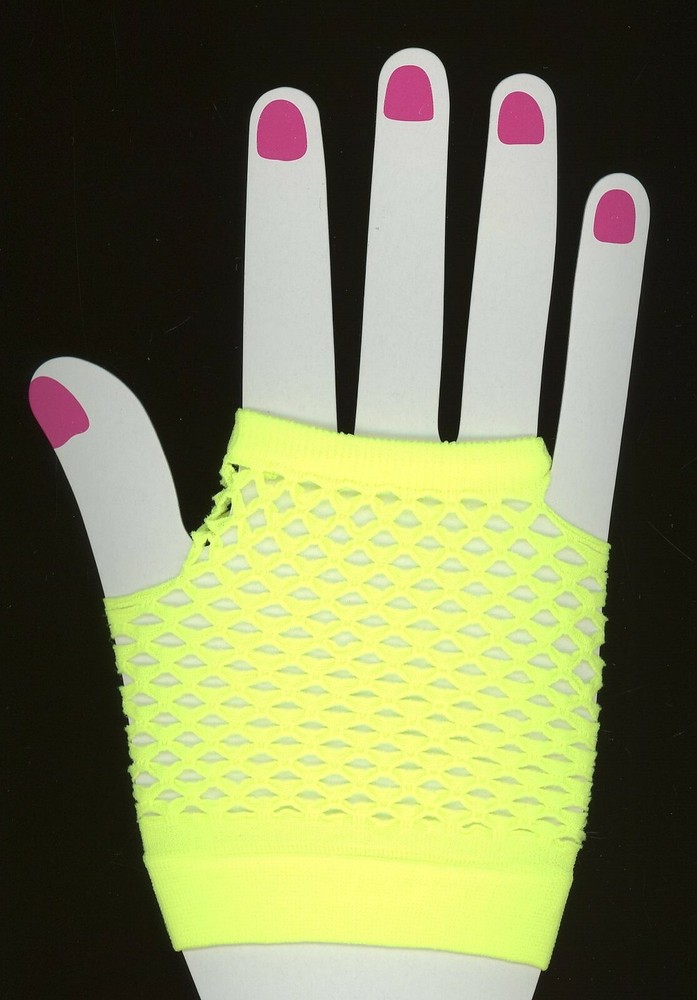 1 Pair Half Gloves Fingerless Bright Lemon Yellow Fishnet Stretchy Elastic