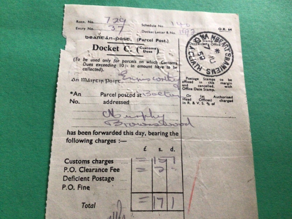 Rare Ireland Parcel post 1959 Docket C customs dues Docket with Stamps A15391