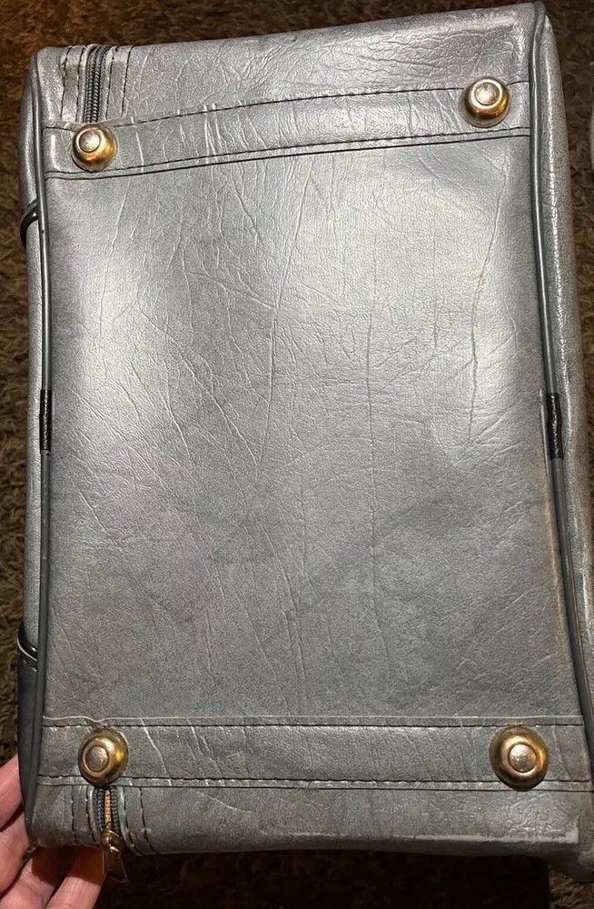 vintage grey carpet bowling bag with ball rack inside