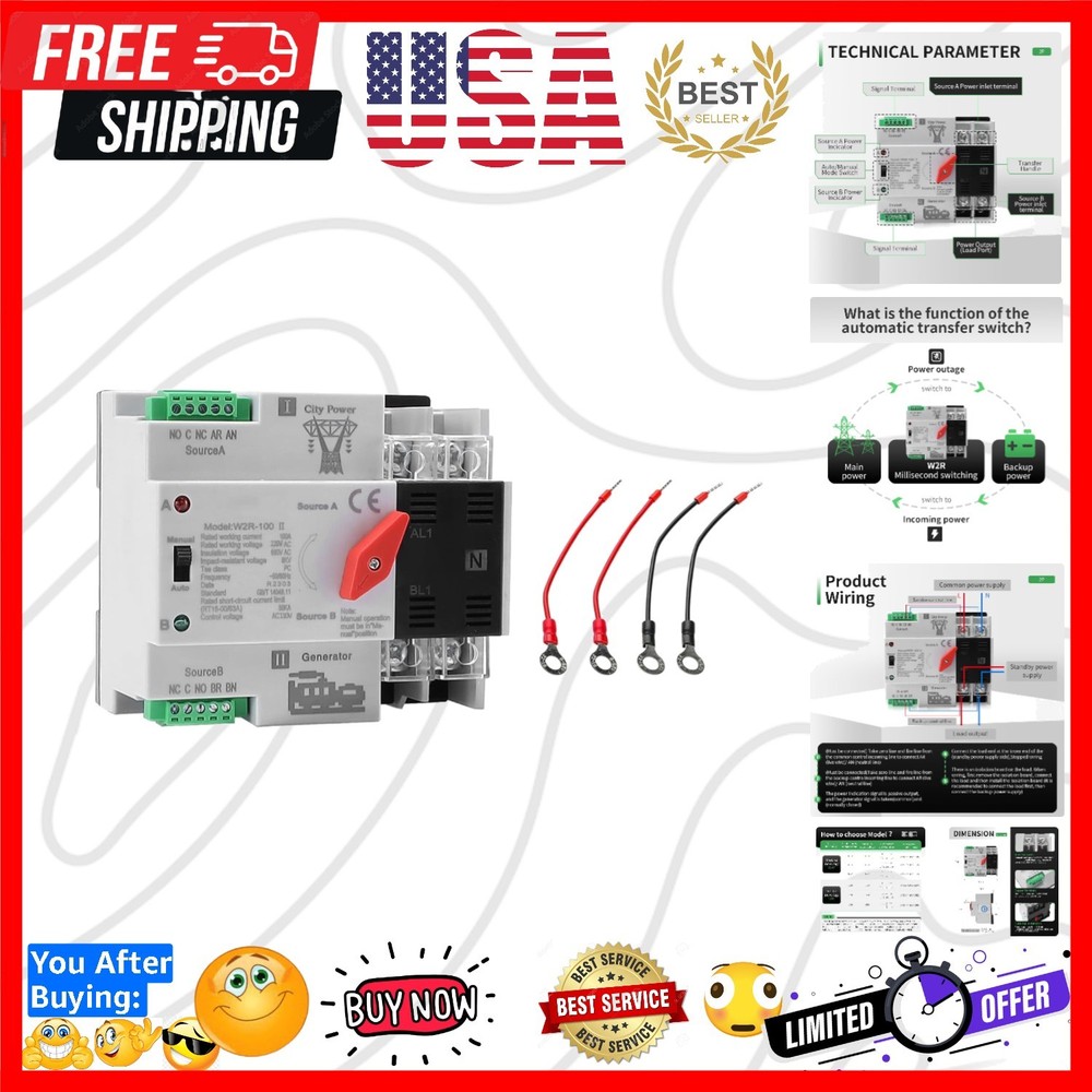 100Amp AC110V Automatic/Manual Transfer Switch 2P 50/60Hz, 2POLE 100A Mini AT...