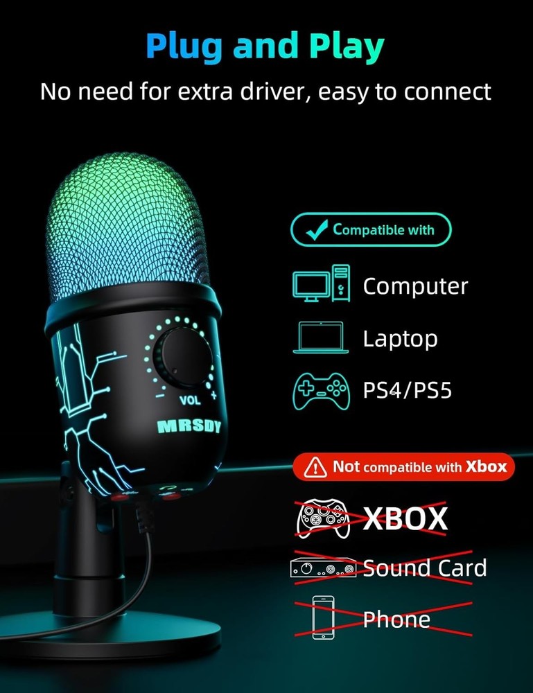 Professional USB Gaming Microphone with Volume Control & RGB Lighting Effects