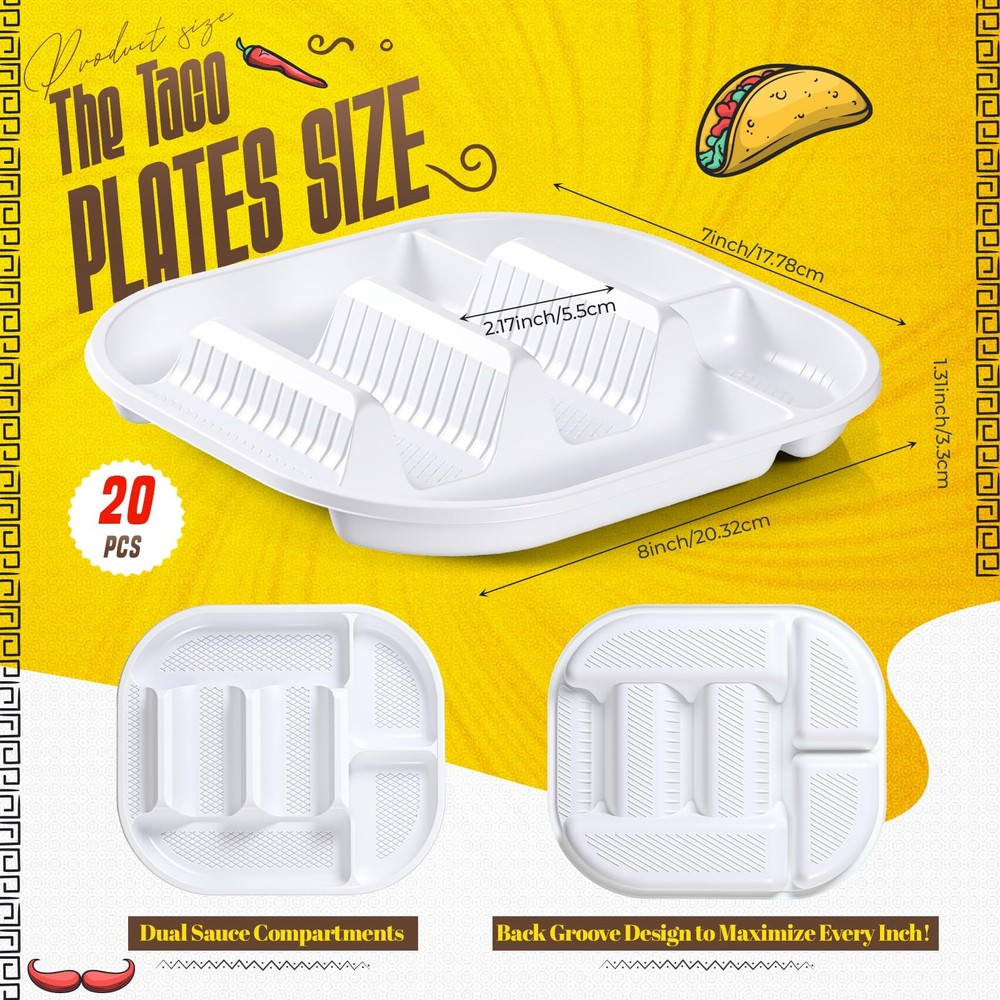 Baderke 60 Pack Disposable Plastic Taco Plates, PP Taco Holder Plates with 2 Div