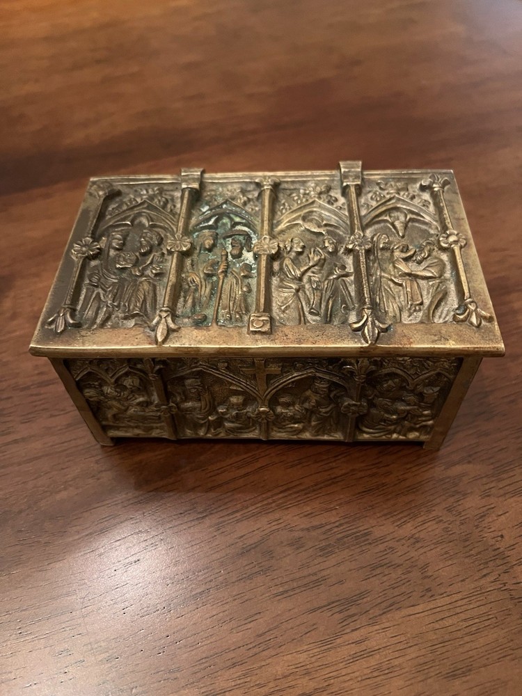 Heavy Solid Brass Decorative Chest Intricate Figural Relief Design Vintage Rare