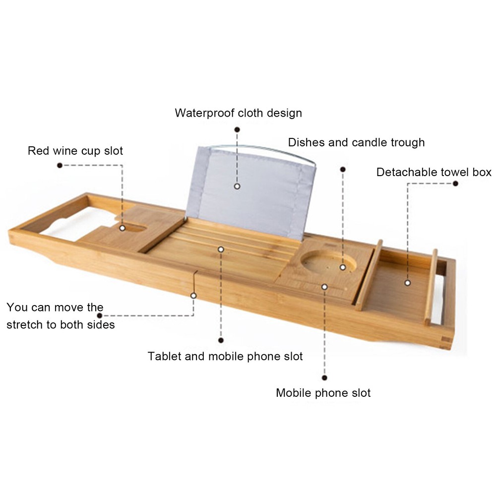 Bamboo Bath Tray Table - Adjustable Caddy with Multifunctional Groove