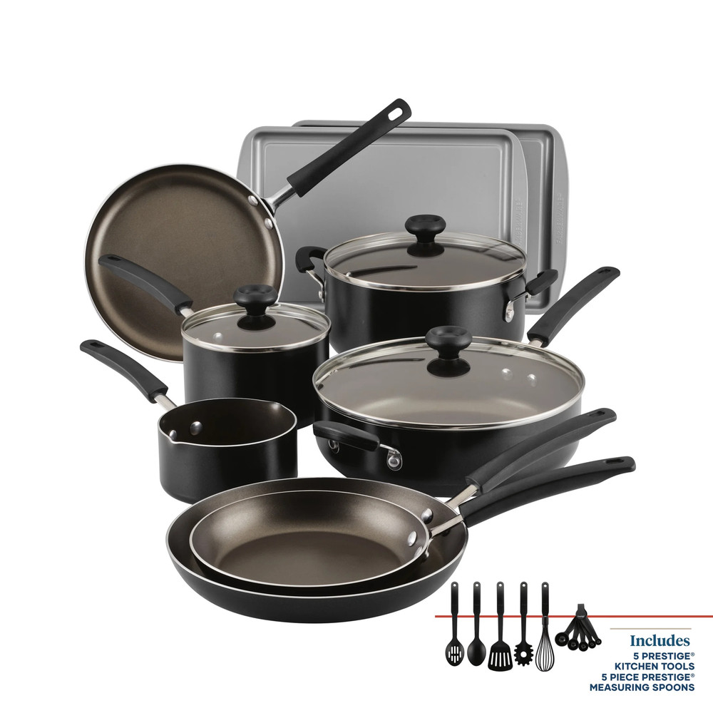 Farberware Easy Clean 22 Pcs Nonstick Cookware Set with Griddle, Black