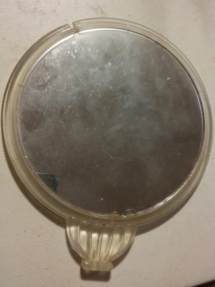 024 Vintage 6.5" Round Deck Vanity Hand Held Mirror Clear Plastic Double Sided