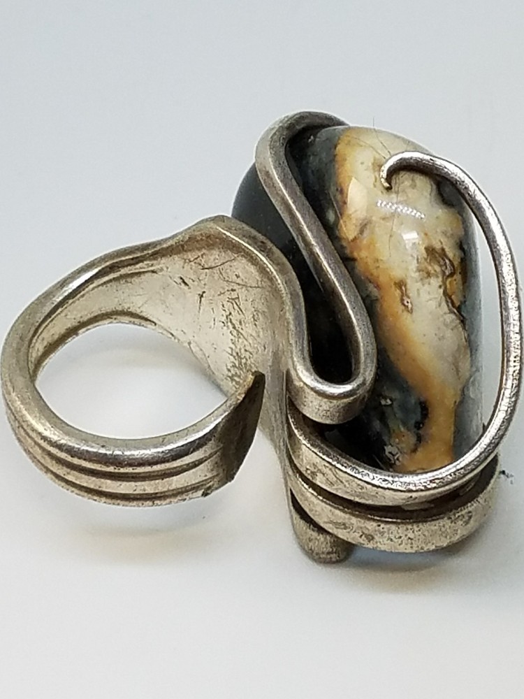 Vintage Fork Ring Large Stone Artisan Silver Tone Size 7