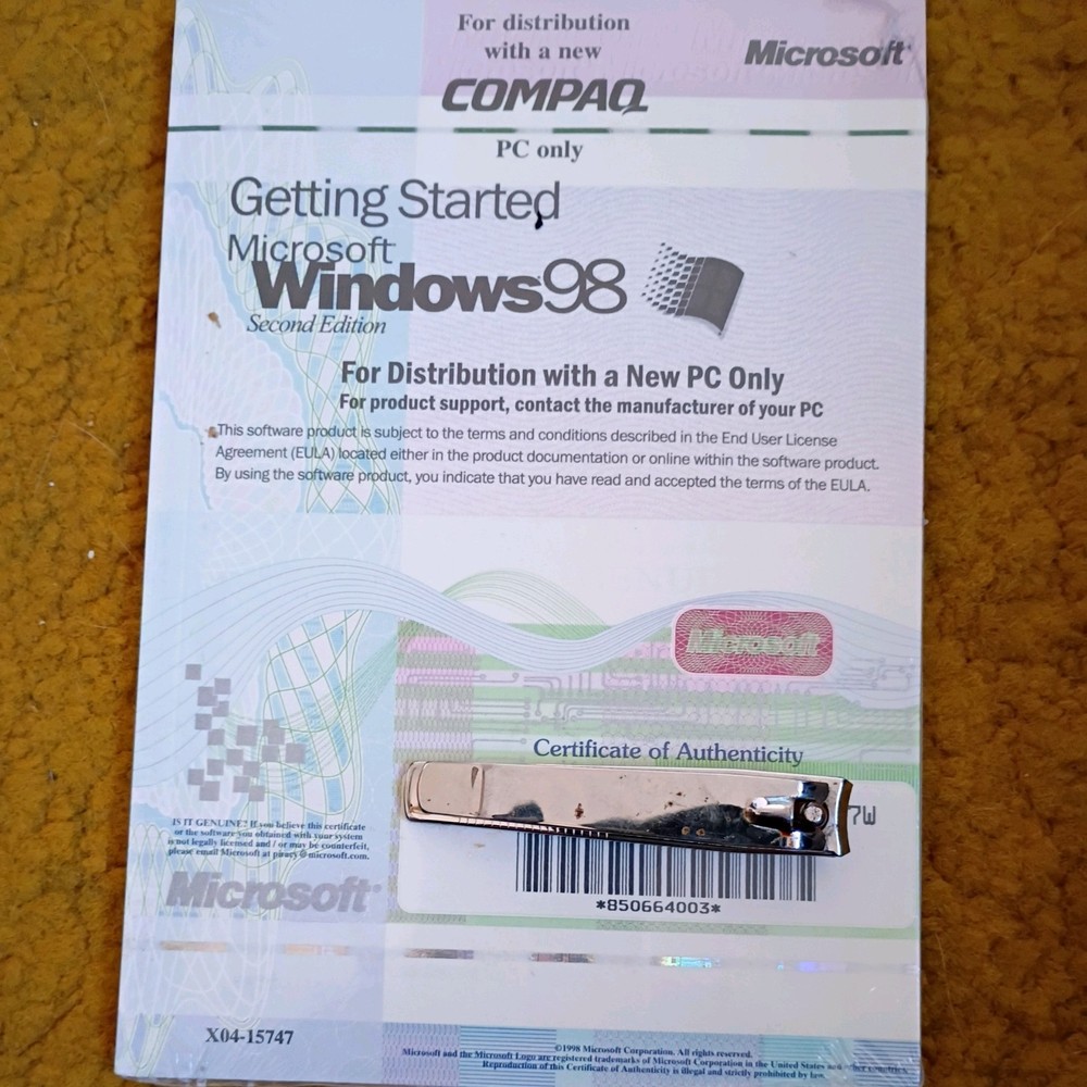 Microsoft Windows 98 Getting Started Manual Certificate Product Key Sealed no CD