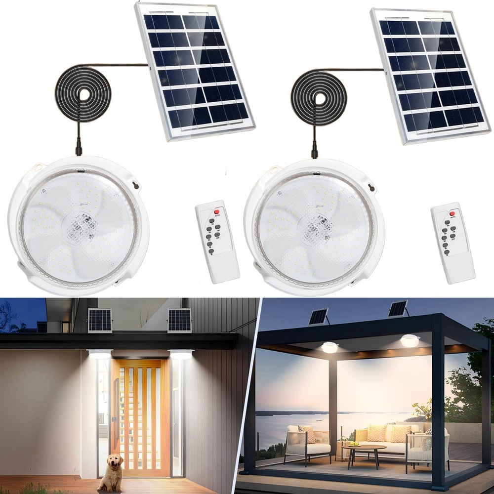 LED Solar Ceiling Light Indoor Outdoor Dimmable Shed Pendant Lamp Remote + Timer