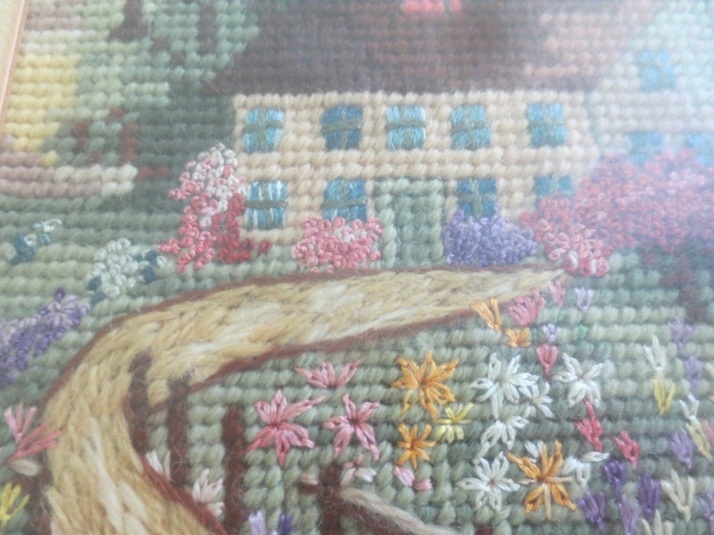 Signed/Dated 1938 DANIEL WEBSTER BIRTHPLACE Needlepoint WALL HANGING-9.5"x 11.5"