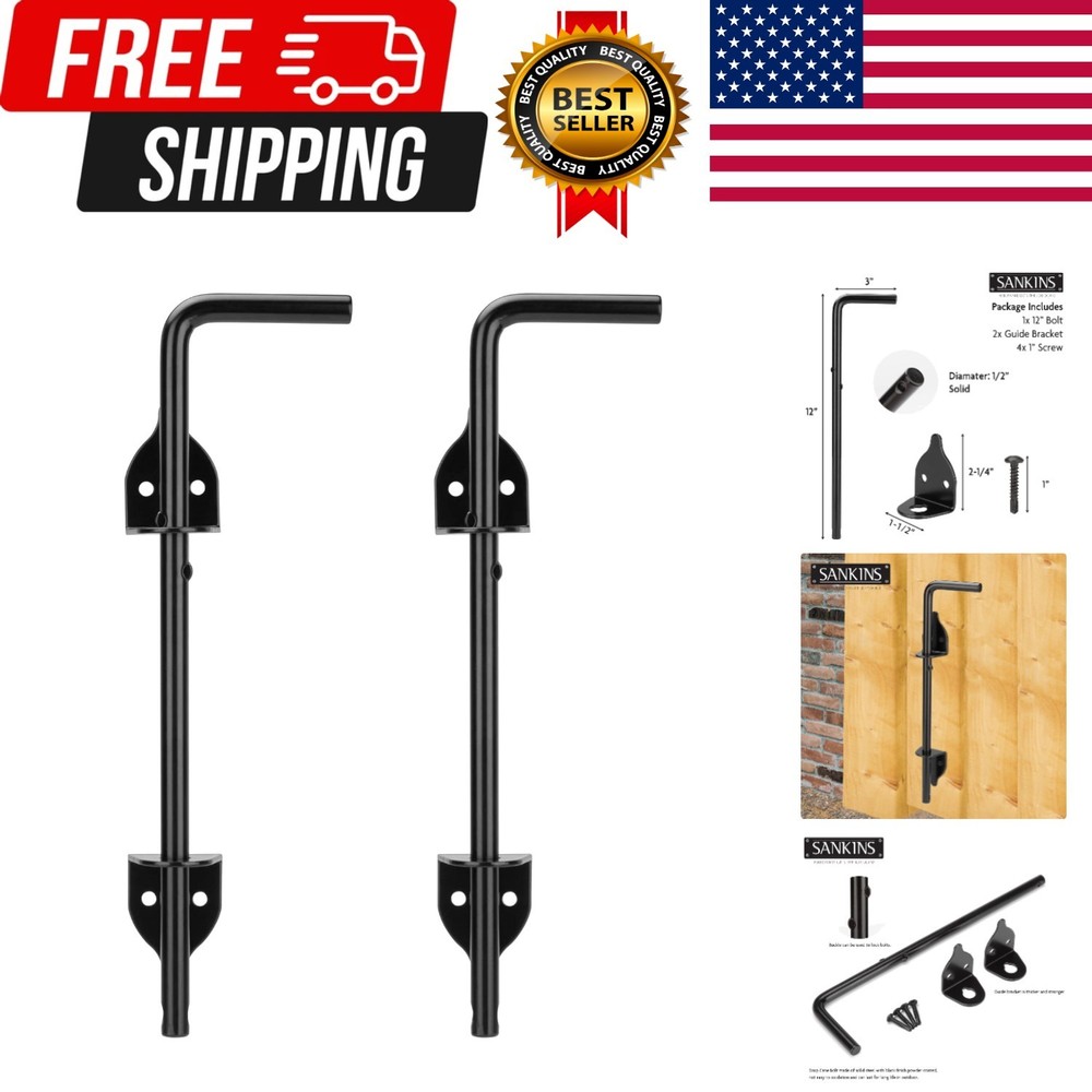 12" Cane Bolt Drop Rod Heavy Duty Gate Hardware Black Solid Steel Gate Ground...