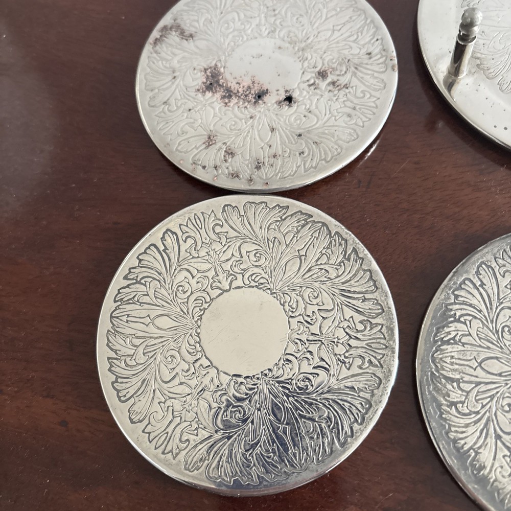 Vintage Silver Plated Coaster Set 6 Piece With Holder Engraved Tableware