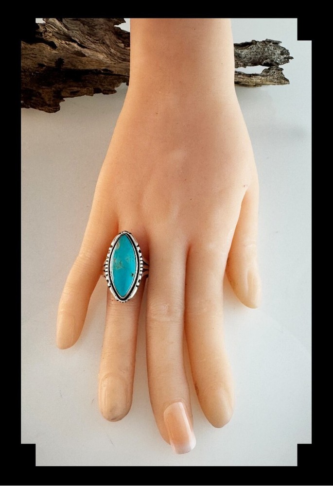Handcrafted Sterling and # 8 Turquoise Ring Size 9 1/4