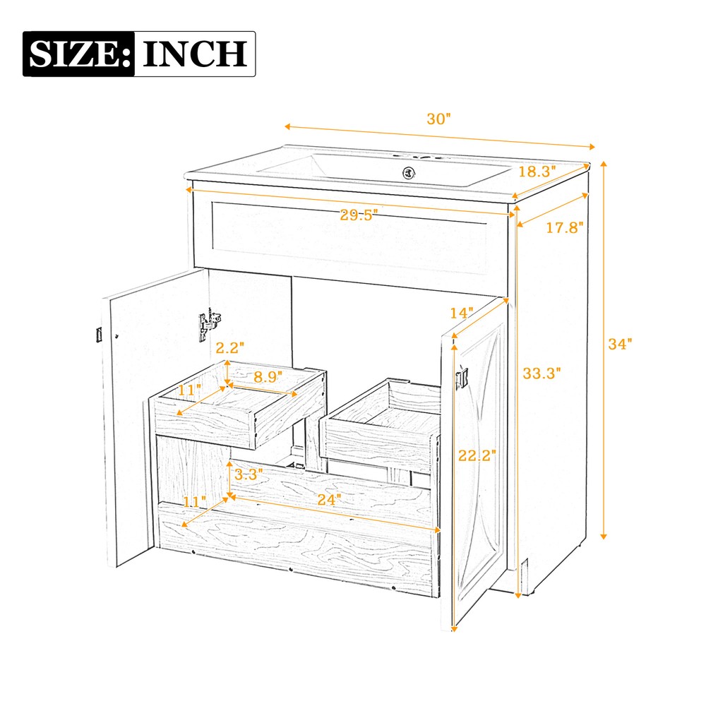 30'' Bathroom Vanity w/Ceramic Sink Combo, Modern Freestanding Storage Cabinet