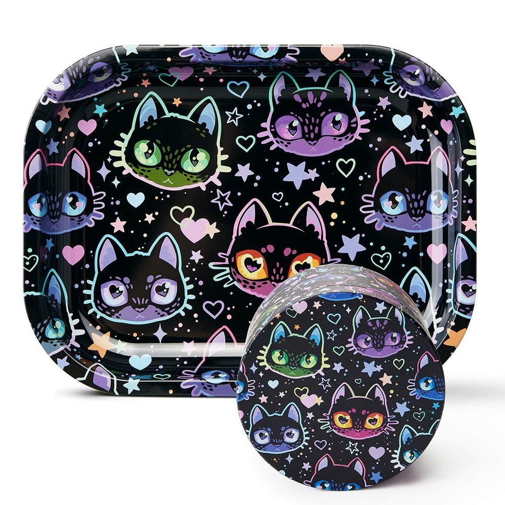 Cat Printing Rolling Tray Set with Grinder, Metal Rolling Tray Combo Kit Gift