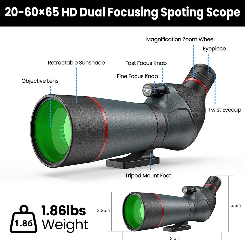 Gosky 20-60x65 Spotting Scope w/ Tripod, Phone Adapter, Controller