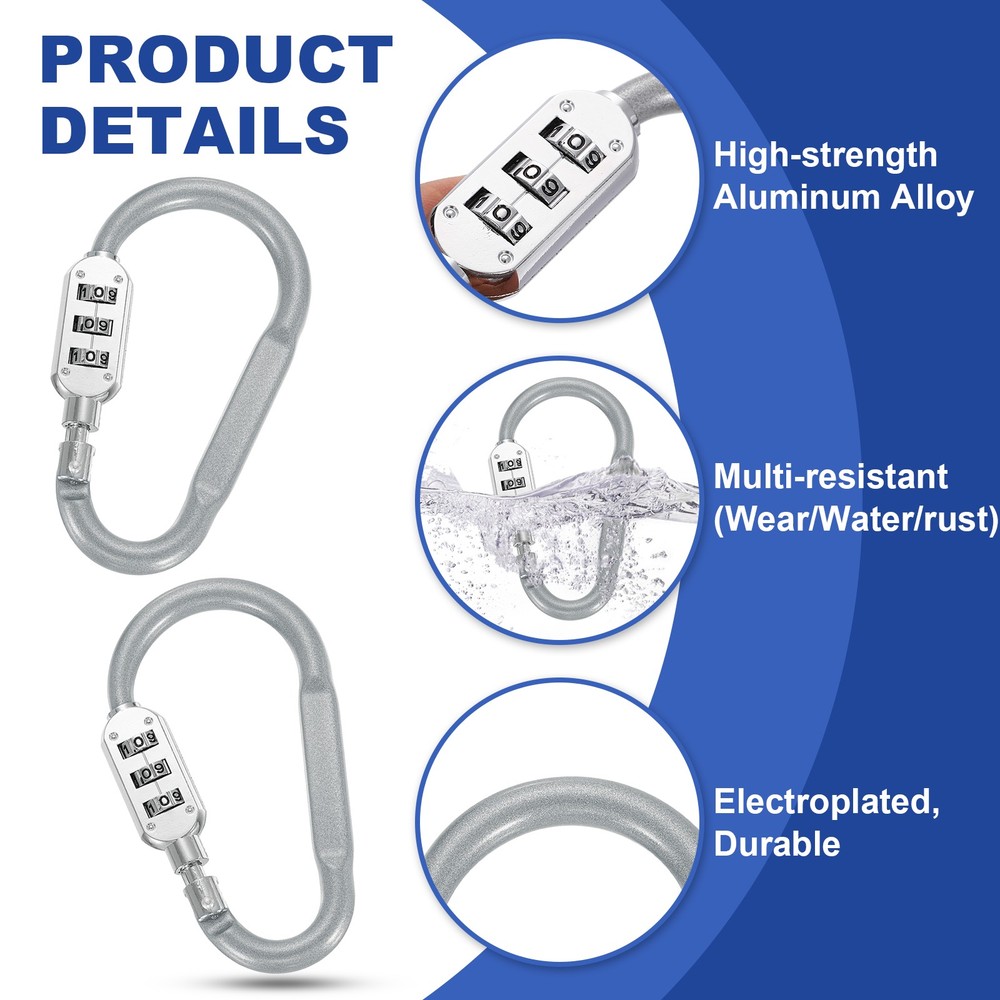 4.2 Inch Length Combination Lock, 2PCS 3 Dial Digit Combo D-Ring Locking, Silver