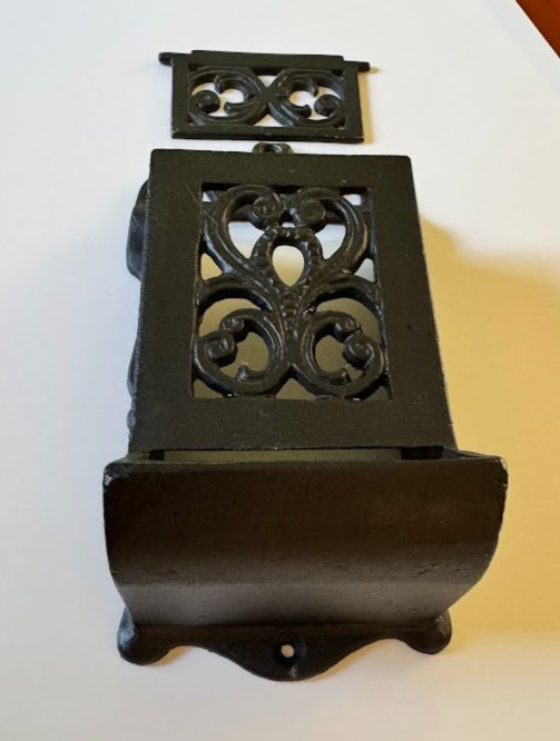 Vintage Blk Cast Iron Matchbox Holder & Lid Wall Mount Side Striker Scroll Deco