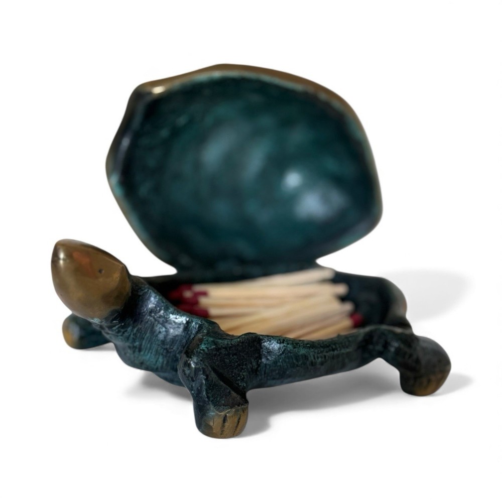 Antique Matchstick Holder Turtle Shell Verdigris Heavy Bronze
