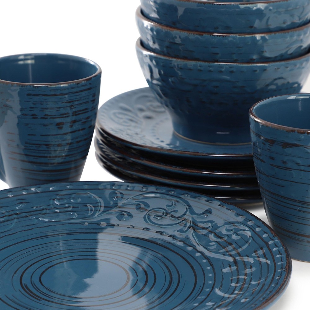 Malibu Deep Ocean-Piece Stoneware Embossed Pattern Reactive Deep Ocean Blue 16