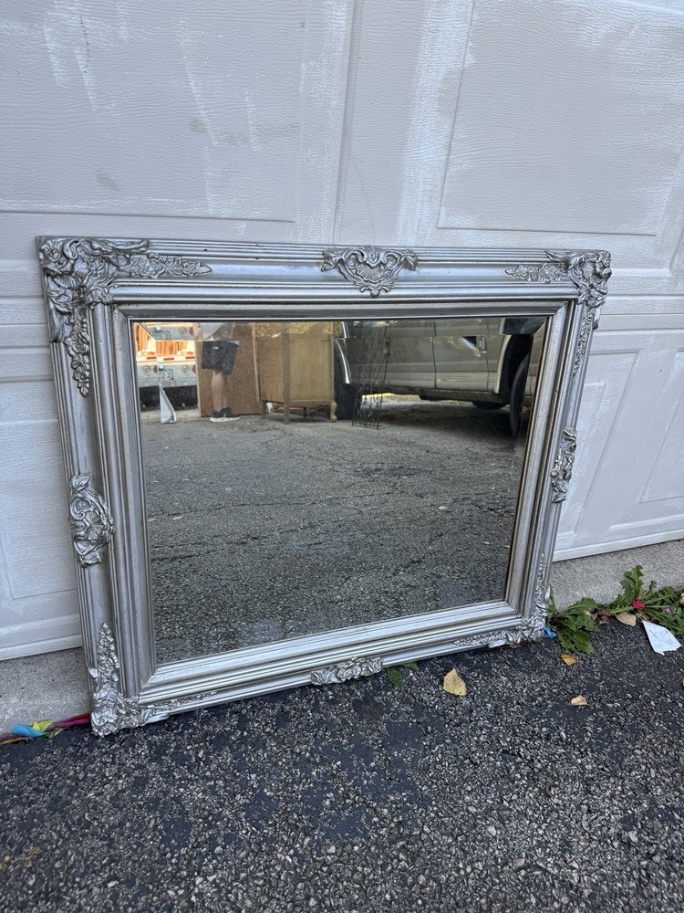 vintage FRENCH STYLE RECTANGULAR WALL MIRROR ORNATE SILVER FRAME Beveled Glass