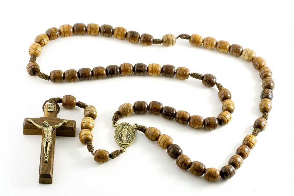 Rosary Necklace for Men Wooden Brown Carved Beads Strong Cord Rope Catholic