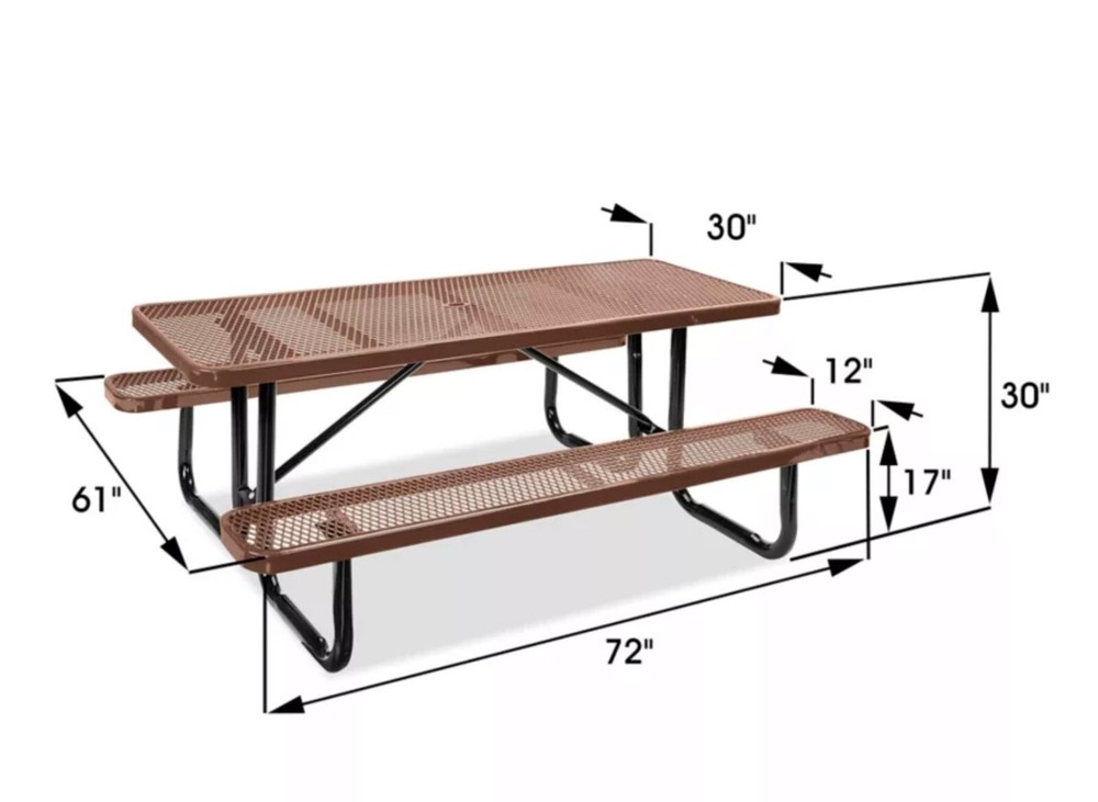 PICNIC TABLE Commercial - All Metal Construction & Steel Frame 6 Ft Rectangular