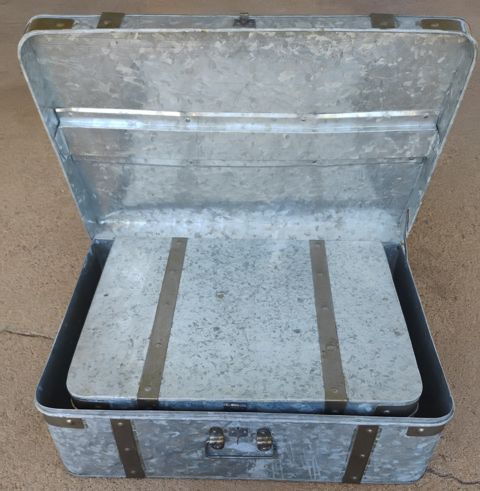 Galvanized 3pc Nesting Trunk Suitcase Lot Lockable Farm House Cottage Decor