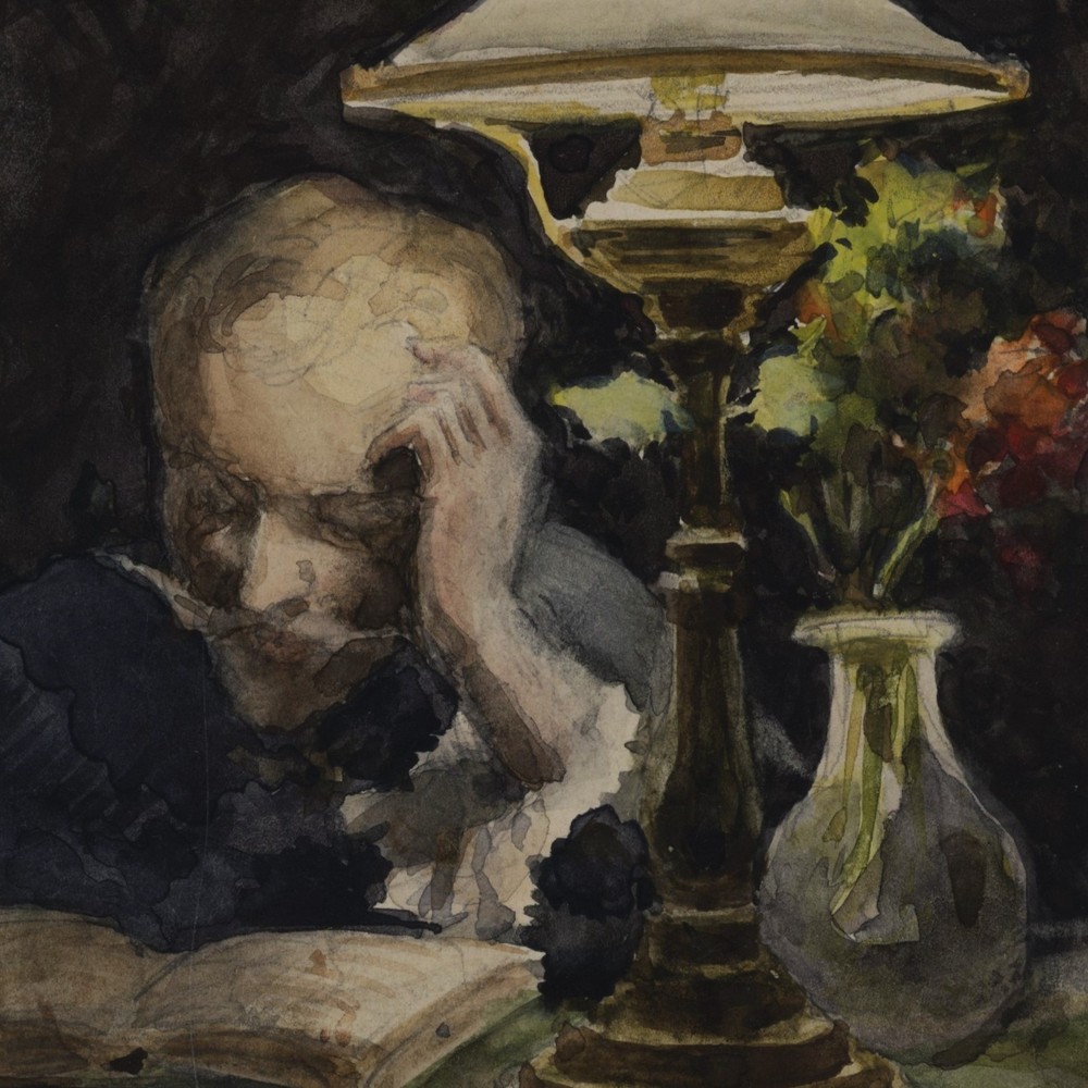 Unknown Reader With Lamp Impressionism Original Watercolour Unsigned 1896