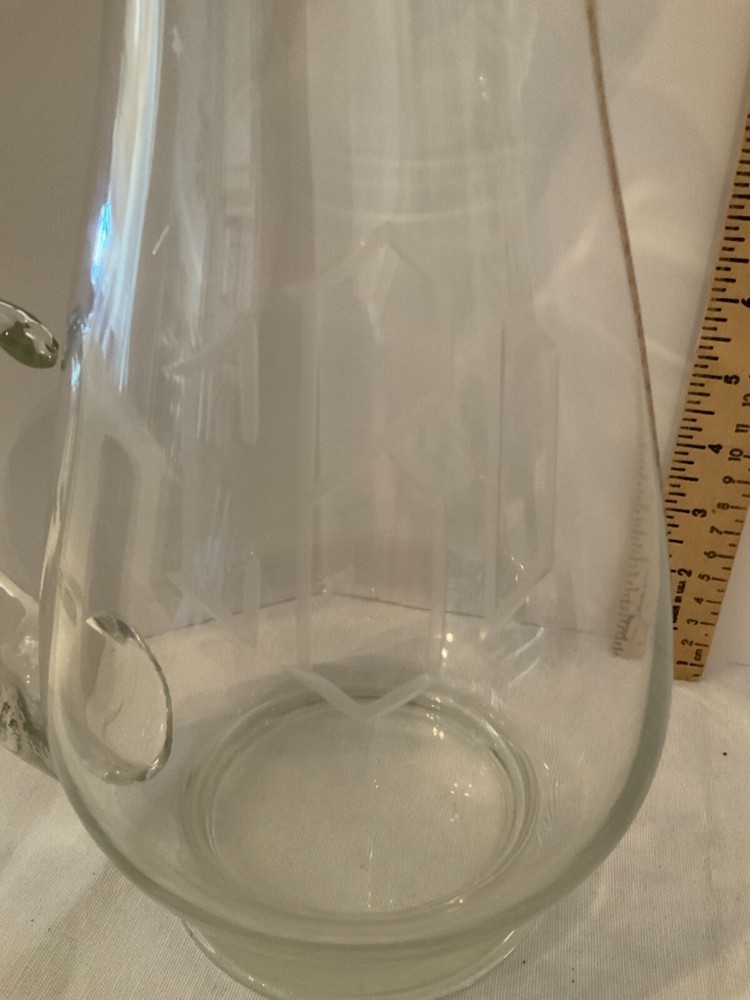 Clear Glass water pitcher etched BCD 12”
