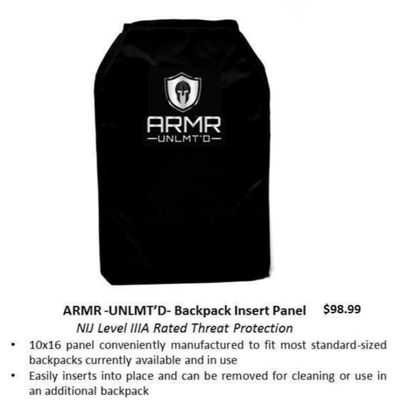 Bulletproof Backpack Insert Panel Shield Lightweight Body Armor Level IIIA 10X16