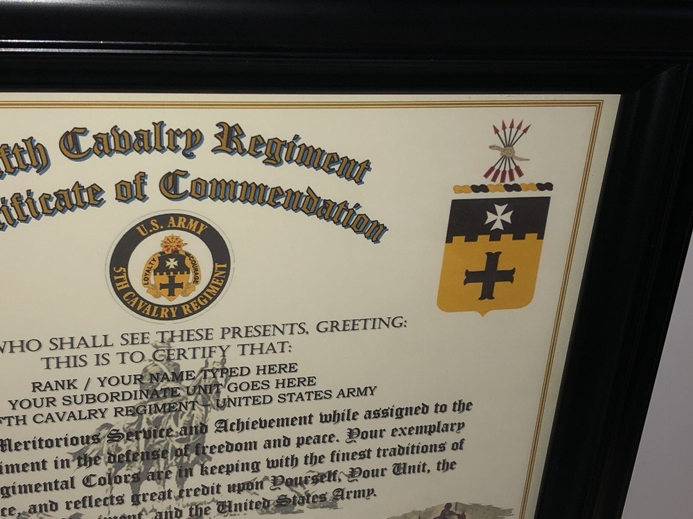 5TH U.S. CAVALRY REGIMENT / COMMEMORATIVE - CERTIFICATE OF COMMENDATION