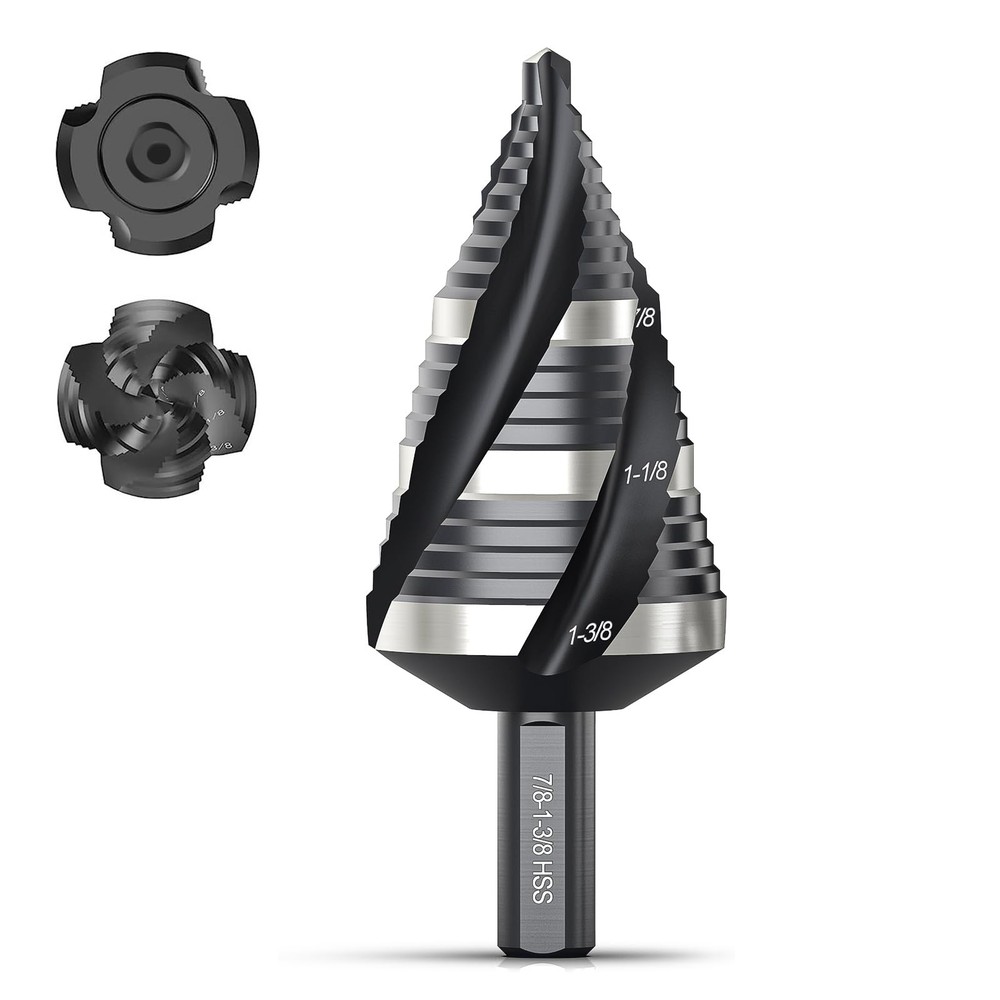 THINKWORK Four Spiral Flute Step Drill Bit, HSS 3/16-1-3/8"