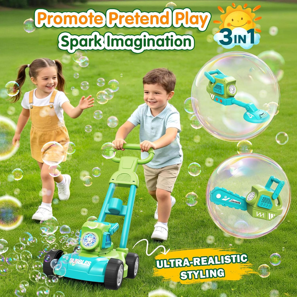 Bubble Lawn Mower for Kids, 3-In-1 Bubble Machine Blower with 10 Bubble Solution