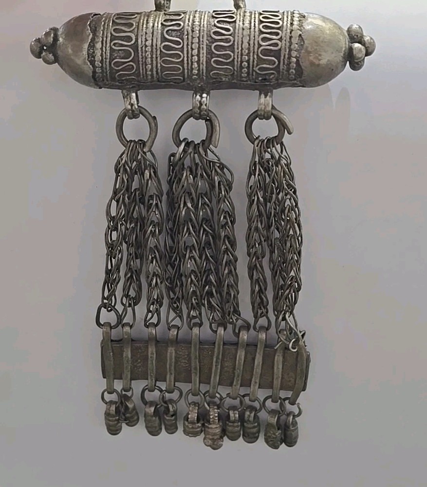 Yemen Bedouin Hirz (cylinder amulet, chains & panel) Middle Eastern Dowry Silver