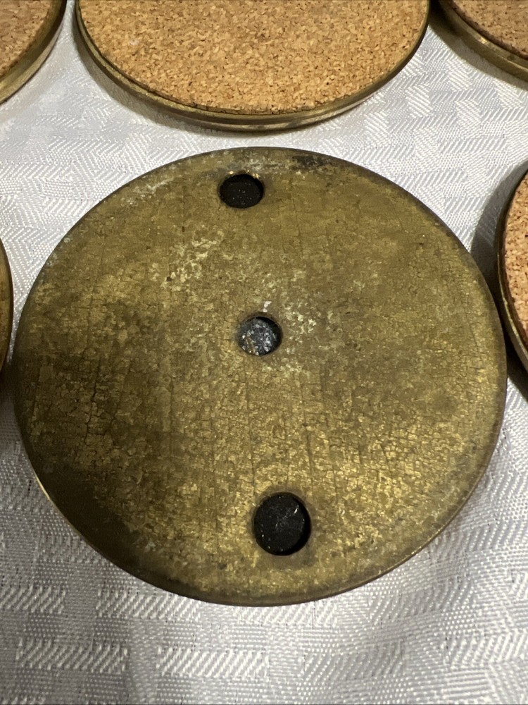 8 Vintage Solid BRASS and Brown LEATHER M MG COASTERS