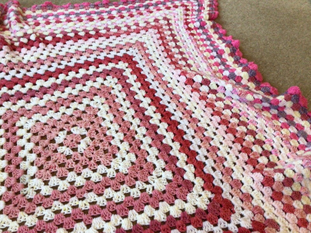 Handmade Pink White Crochet Blanket. 47” x 38”