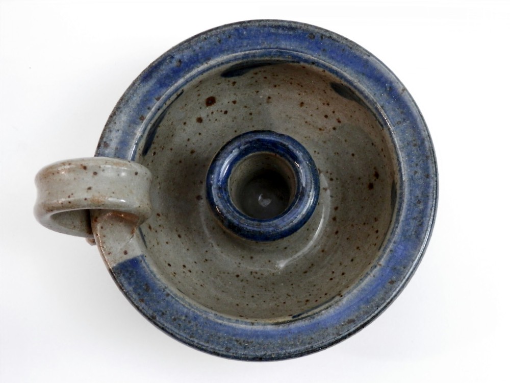 Handmade Pottery Finger Loop Candleholder Blue & Gray Speckled Pattern Marked