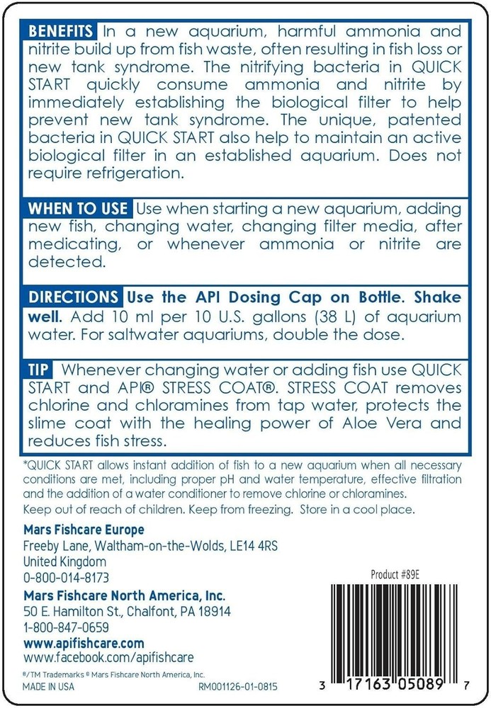 API QUICK START Freshwater and Saltwater Aquarium Nitrifying Bacteria 16-Ounce