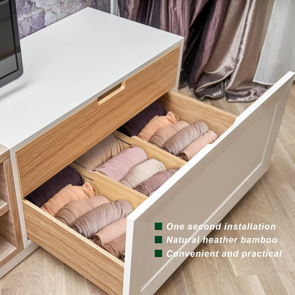 4 Pack Bamboo Kitchen Drawer Dividers with Inserts 2.6" High, Adjustable from 12